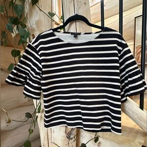 J. Crew Black and Cream Ruffle Sleeve Cropped Top